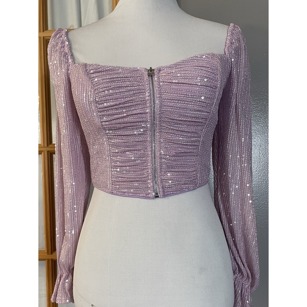 Papaya Shimmery Cropped Blouse Sz S Sequins Lavender Front Zip Balloon Sleeve